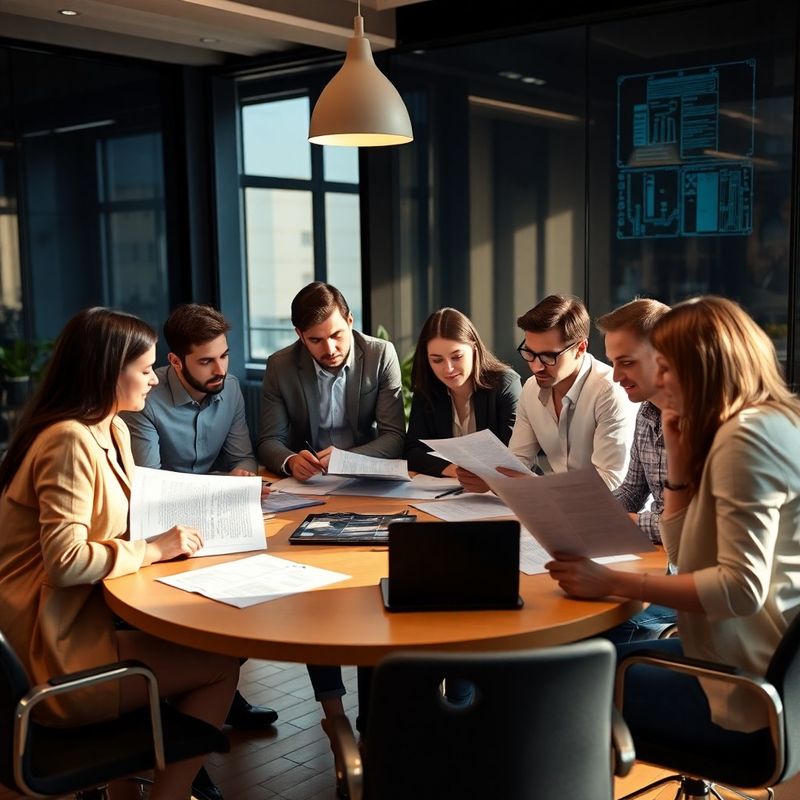 Equipo de consultores revisando documentos editoriales en oficina de Barcelona